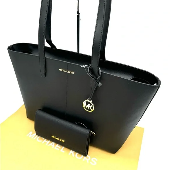 Michael Kors MD Zip Top Tote Bag Large Trifold Wallet Black